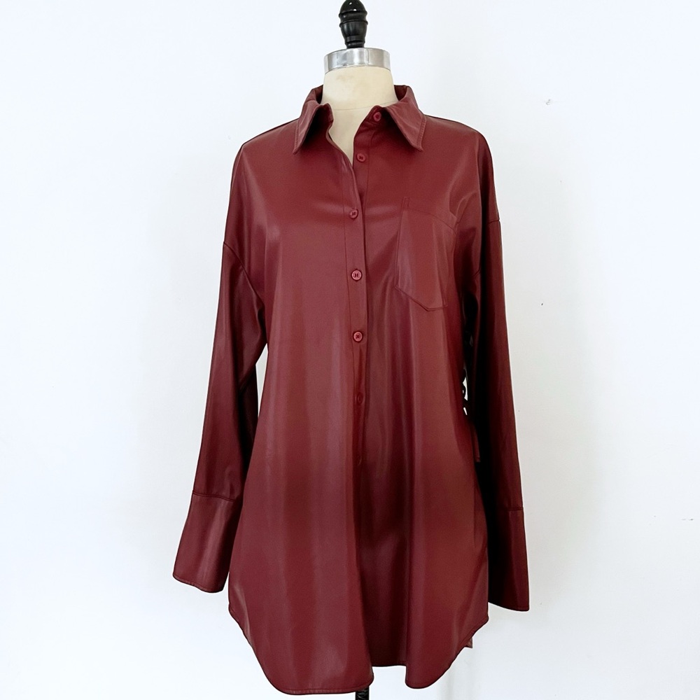 SHEIN Burgundy Faux Leather Button-Down Shirt